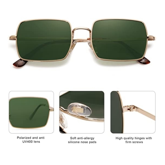 Green Lenses Rectangle Polygon Polarized Sunglasses Retro Classic Vintage - Picture 3 of 4